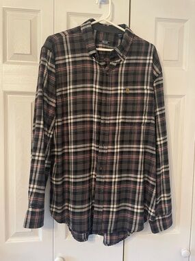 Izod Black Gray White Plaid Button-Down Shirt with Subtle Red Stripe